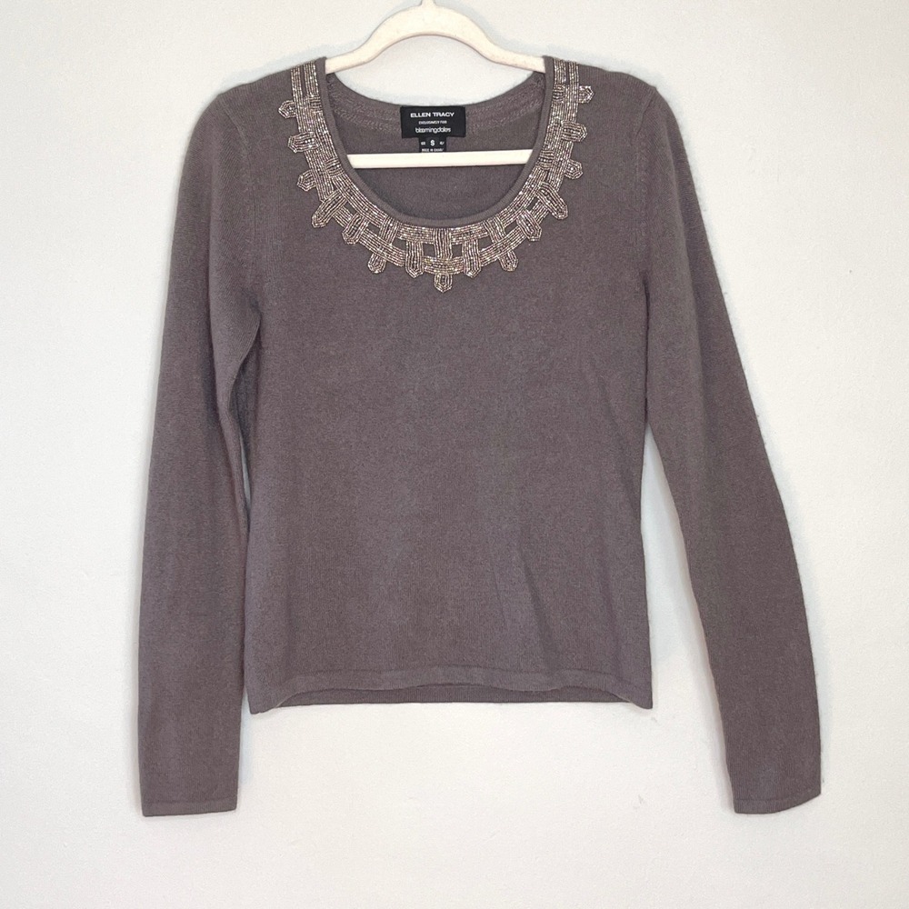 Ellen Tracy For Bloomingdales Cashmere Sweater Embellished Beaded Neckline Taupe